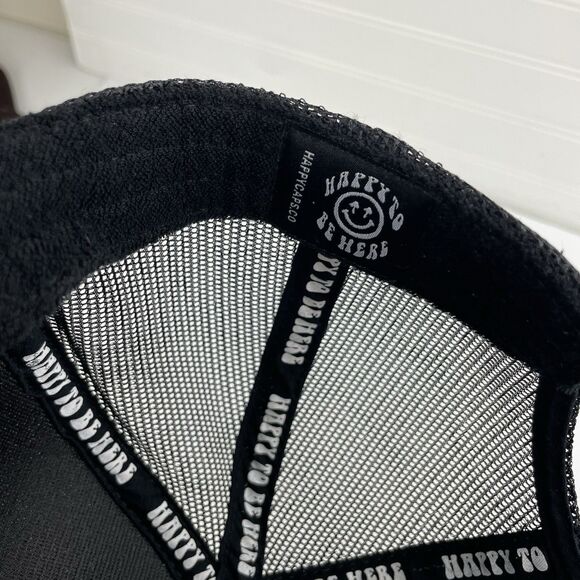 Happy To Be Here Smiley Double Blind Black Sherpa Trucker Snapback Mesh Hat Cap - Picture 8 of 9